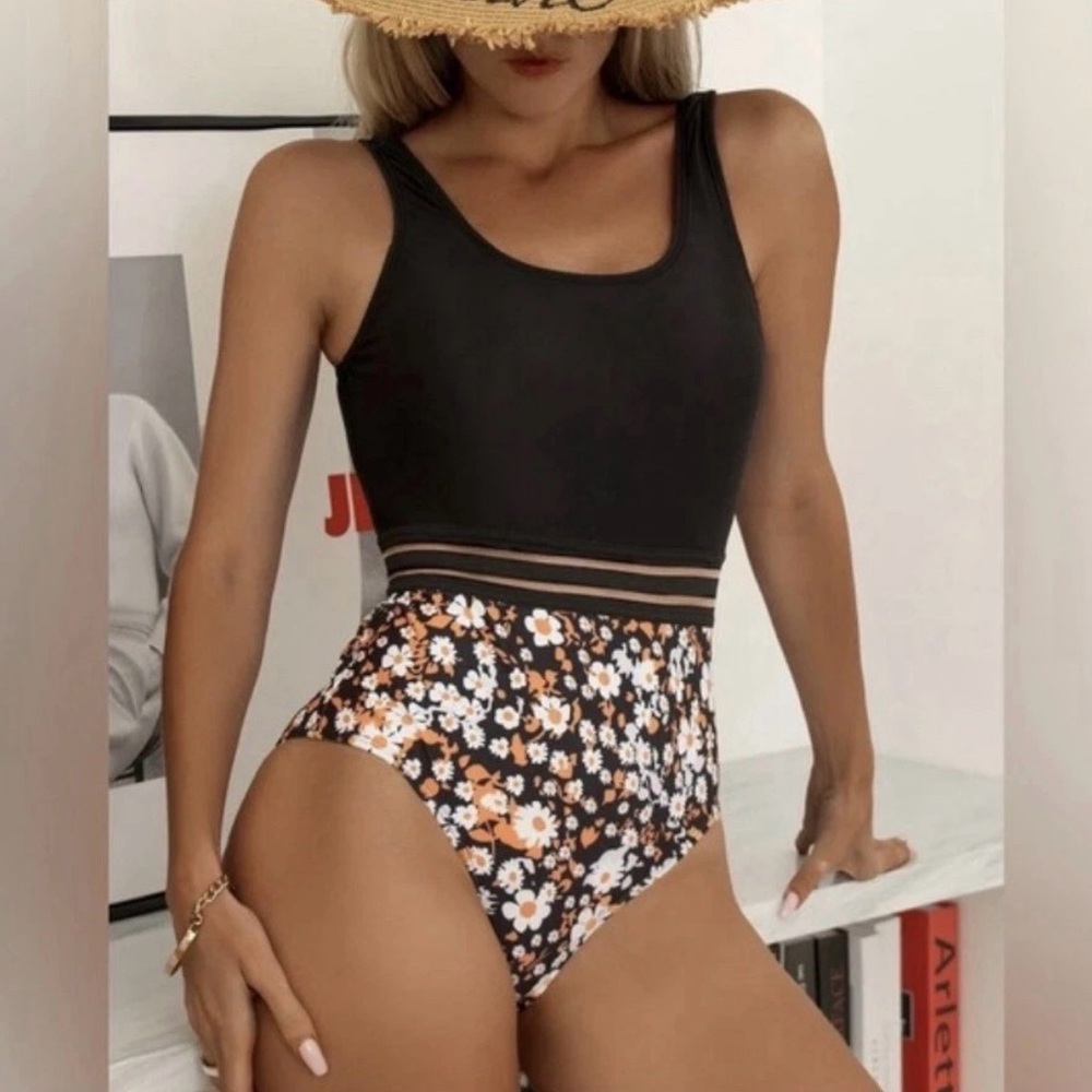 Black Floral High-Waisted Swimsuit SHEIN